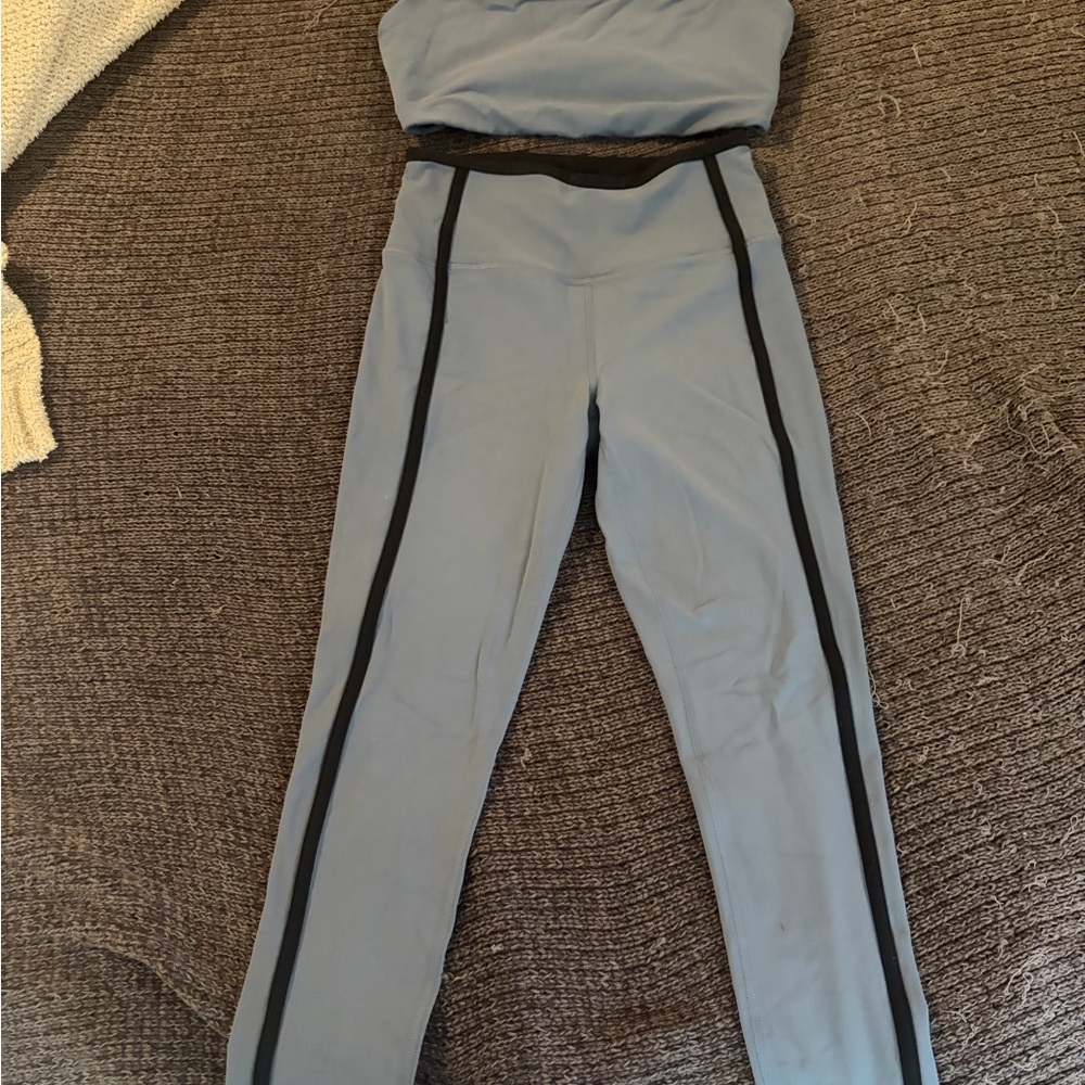 Athleta legging and sport bra top set blue with Black Stripes